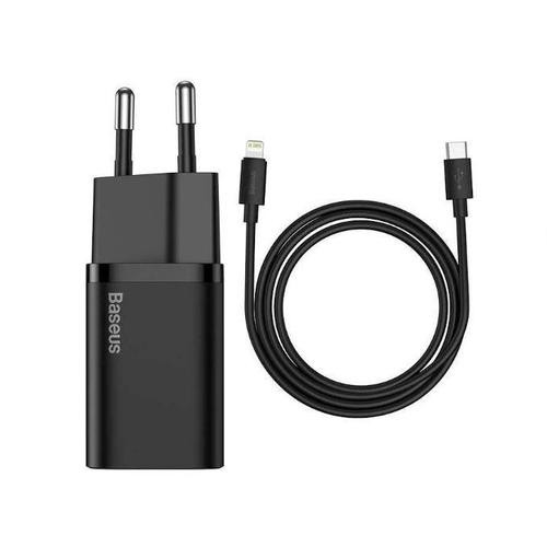 BASEUS Super Si Charger 1C 20W with Cable Type C to Lightning 1M Kabel - 1SET 20W BLACK