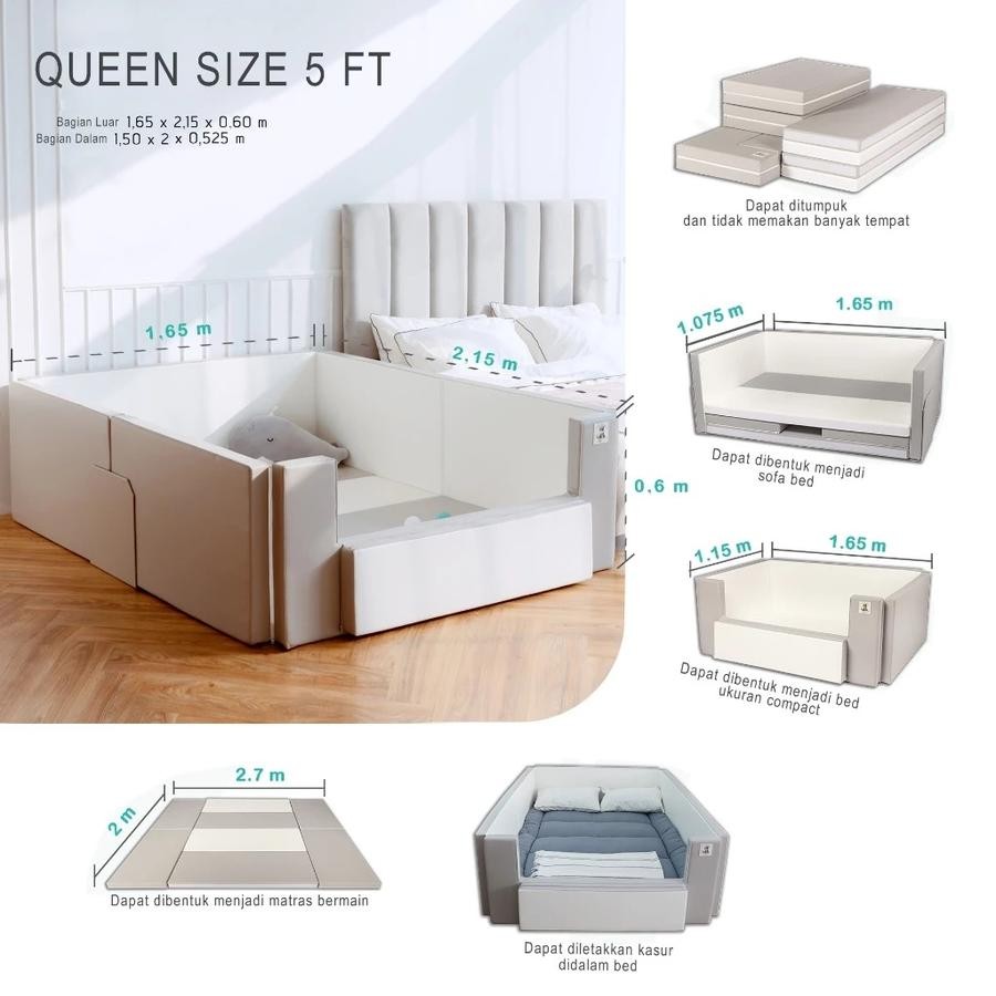 Gekobebe Adjustable Bumper Bed Queen Size - White-Beige