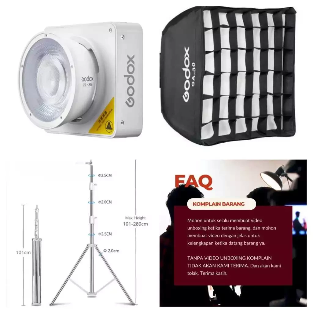 Paket ML100Bi + SF30 + Stand Silver - Godox ML-100Bi Bi-Color + Handgrip Kit AK-B02 Portable Led + Softbox ML-SF30x30 + Stand Silver