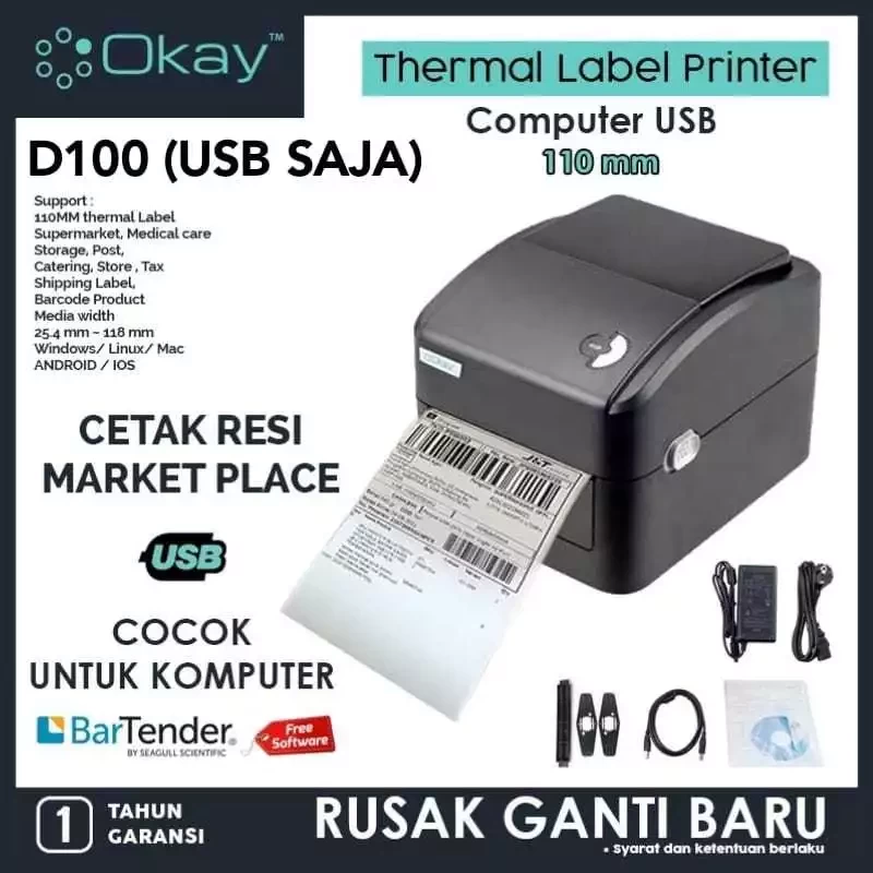OKAY D100 BW BL Printer label pengiriman barcode thermal Max Sticker A6 110mm Printer Resi