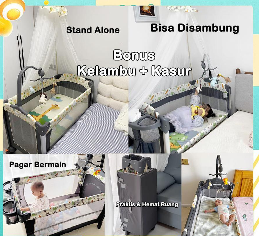 Baby Box Tempat Tidur Bayi 0-3 Tahun | Ranjang Bayi Buka Samping | Box Bayi Cot Keranjang dengan Kelambu & Kasur | Furniture Set