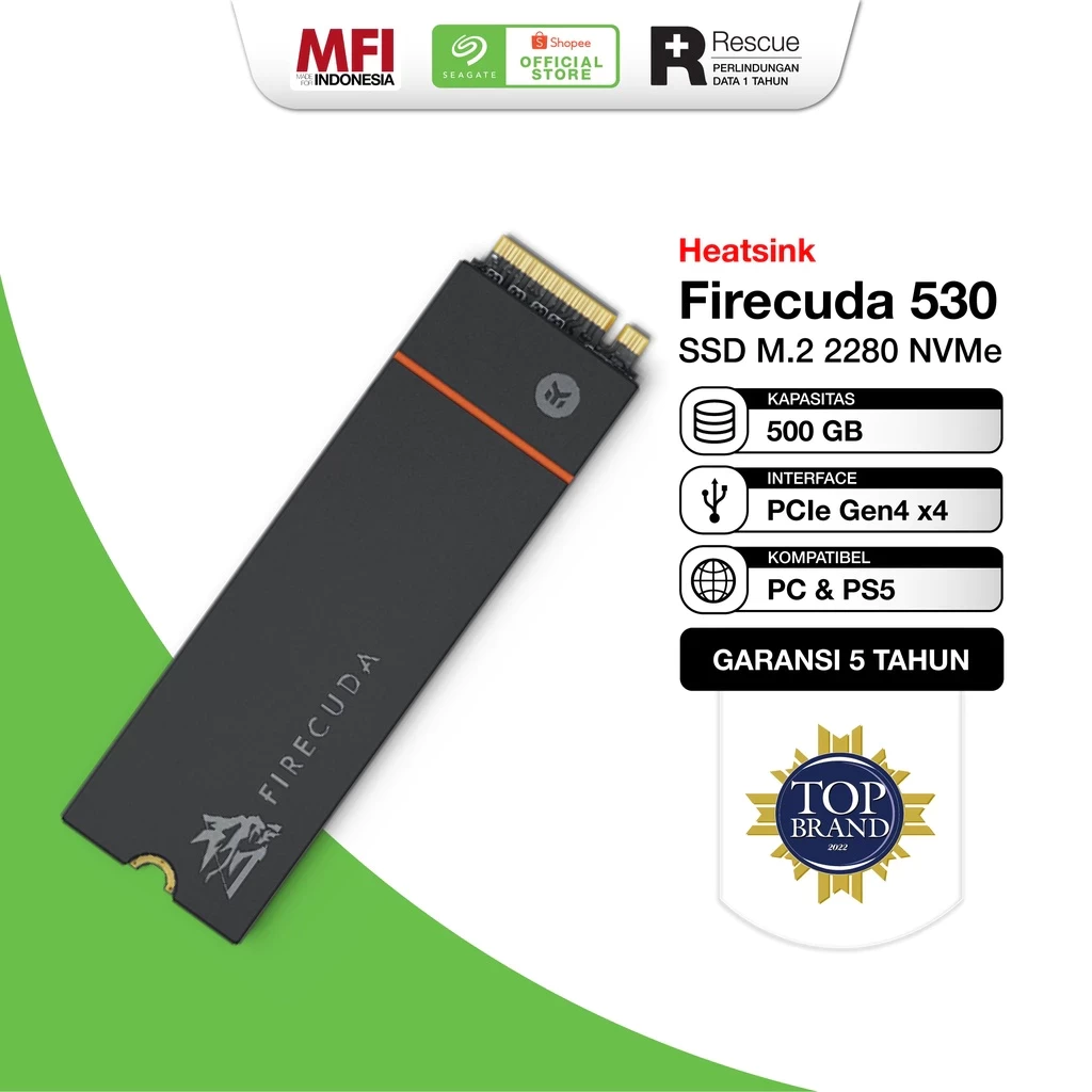 Seagate FireCuda 530 Heatsink SSD 500GB M.2 2280 NVMe Gen 4 ( Kompatible untuk PS5 )