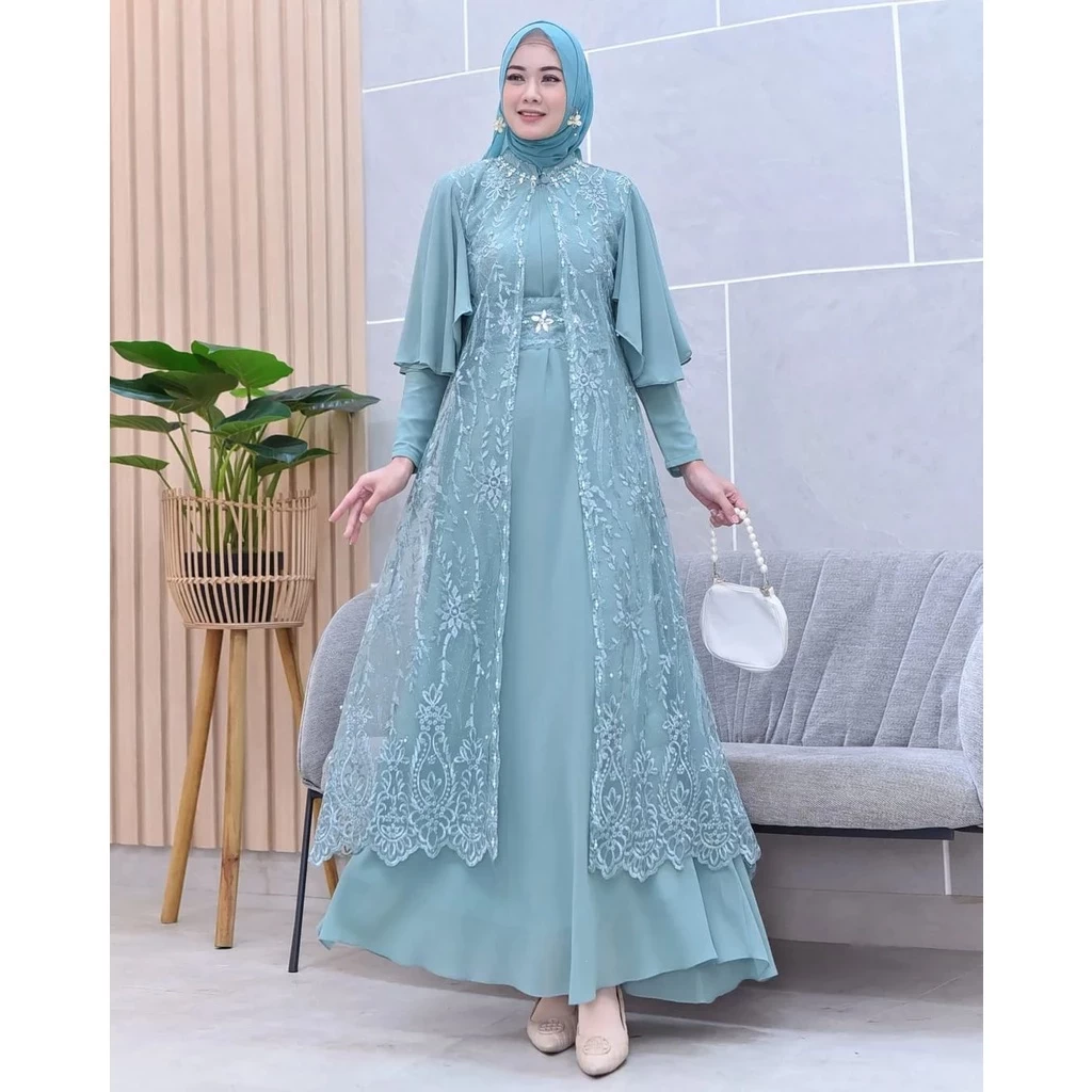 Vallina Outfit - Clarisa Maxy Dress Brokat Outer Pisahan Gamis Muslim Wanita Pesta Kondangan Premium Kekinian Terbaru