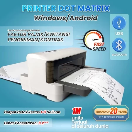 Grozziie Printer Dot Matrix 180DPI | USB + Bluetooth| Cepat 150cps| Catatan, Pengiriman & Inventaris