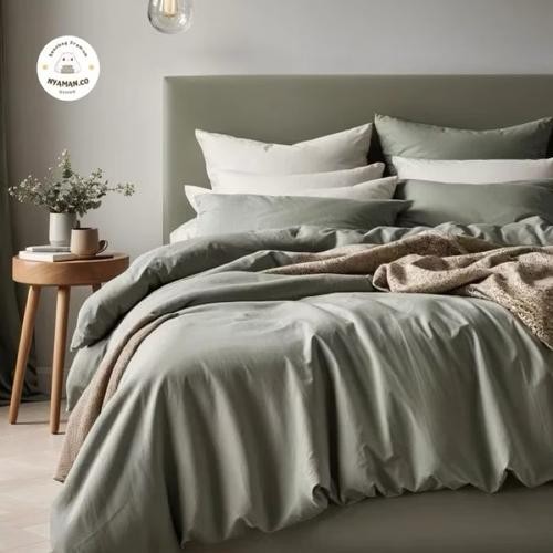 Linen - Full set bed linen 100% Cotton Jepang Import Fitted sheet Sprei Karet + Duvet cover + 2 Pillow Case + 2 Bolster Case Premium Quality / Seprei linen Lengkap bed cover - sage, Single 120x200