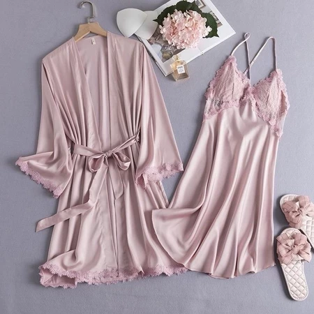 One Set Kimono Lingerie - Gaun Tidur Wanita - Baju Dinas Istri Satu Set - Dress Tidur Kimono Ice Silk Adem Lembut Premium