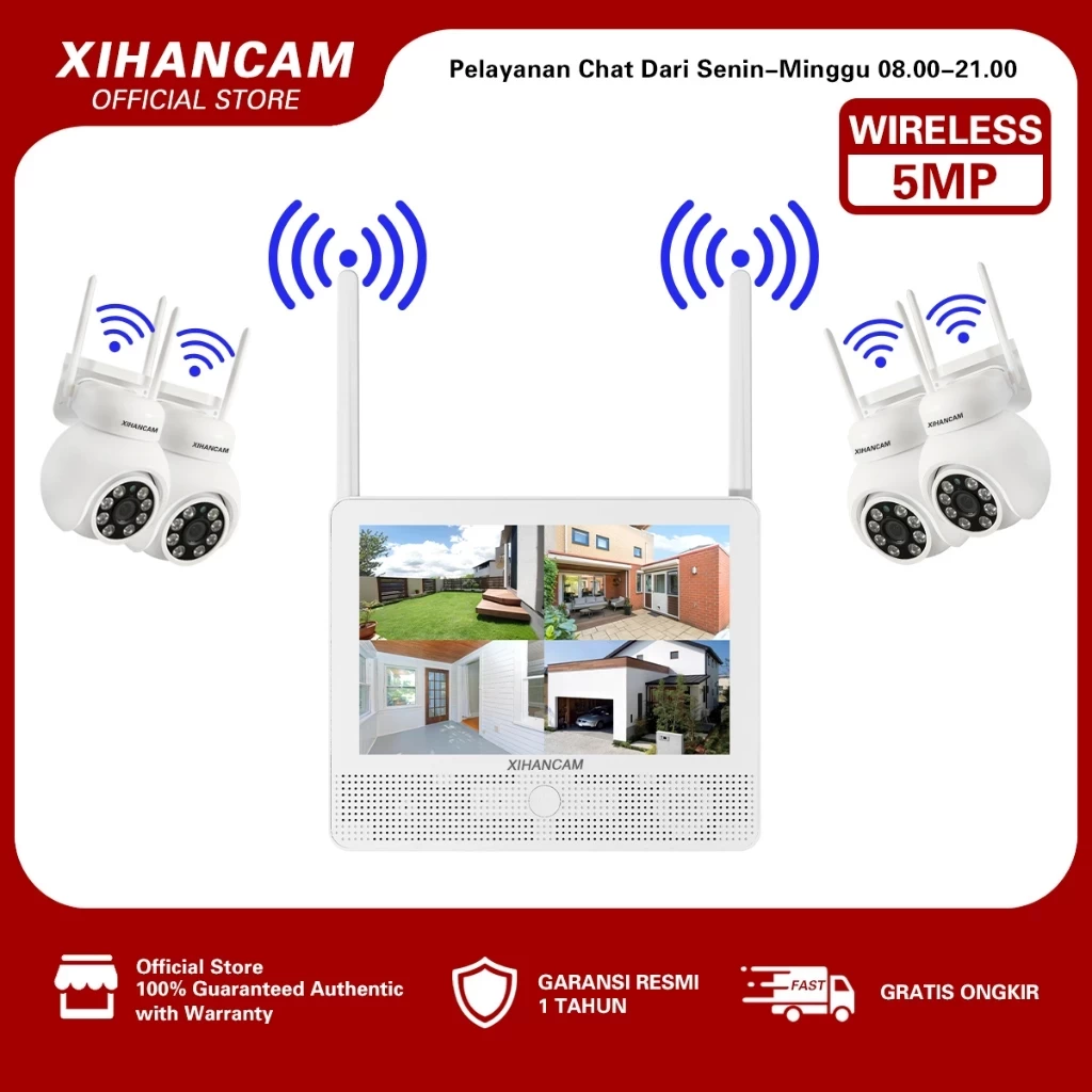 IHANCAM Paket CCTV Wireless 4 Channel 5MP Kit Nirkabel Kamera CCTV NVR Wireless Dengan Monitor Komplit Siap Pasang